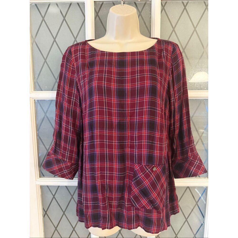 J. Jill Burgundy Red Purple Plaid Boat Neck Tunic Top Size Petite Small - Picture 3 of 8